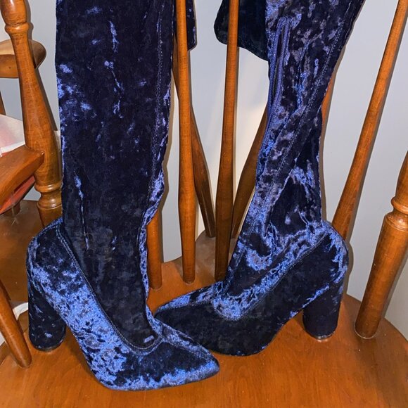 Unknown Shoes - Blue Velour Over The Knee Heeled Boots